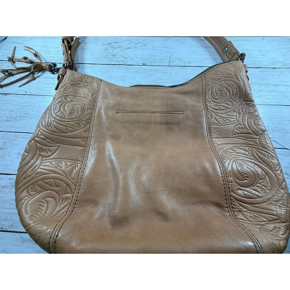 The Sak Tan‎ Leather Embossed Floral Hobo Shoulder Bag Tassel Tan Brown